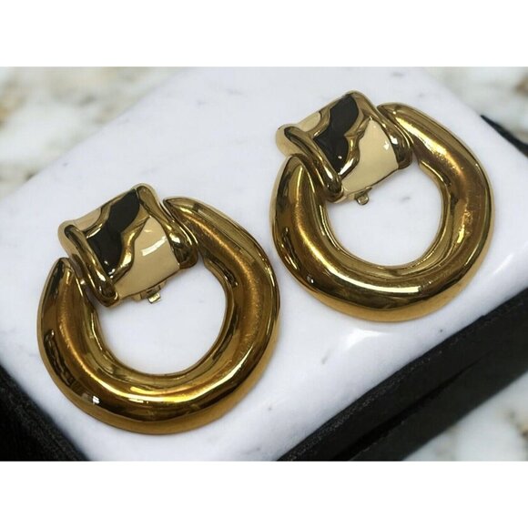 Givenchy ~ Large Vintage 80’s Dangle Drop Door Knocker Enamel Gold Tone Earrings - Picture 2 of 10